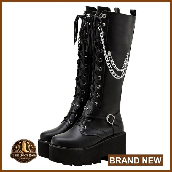 Shoes - Knee High Platform Combat Boots with Buckle and Chain, Soft Manmade Pu